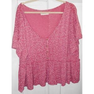 Lucky Brand Shirt XXL Pink Mauve Babydoll Peplum Floral Short Sleeve Boho Top